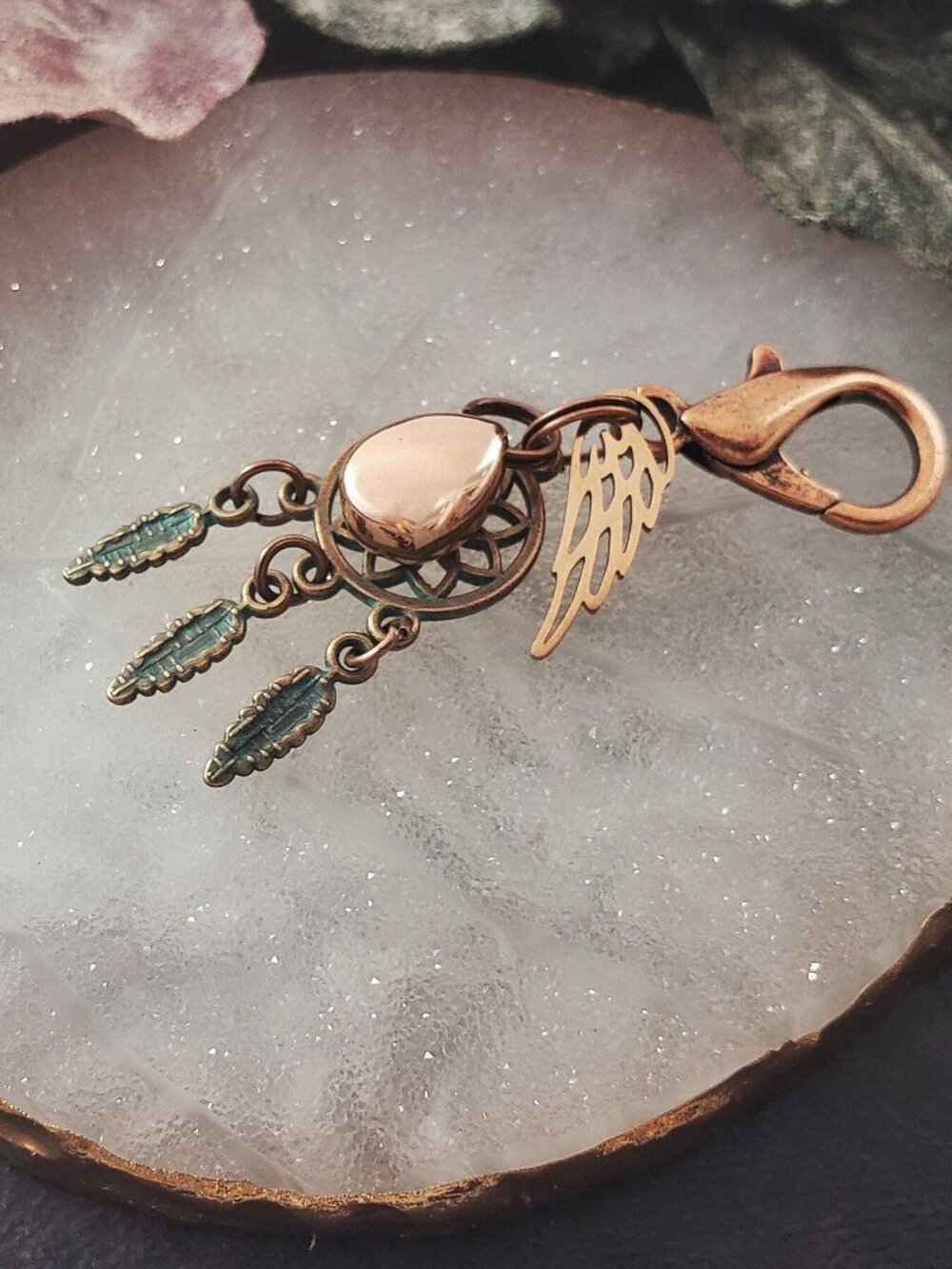 Rose Gold Stainless Steel Teardrop Dreamcatcher Keychain Charm Wing